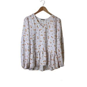 3/$20 Pleione Womens Sz L Peplum Top V Neck Crochet Cream Floral Balloon Sleeve